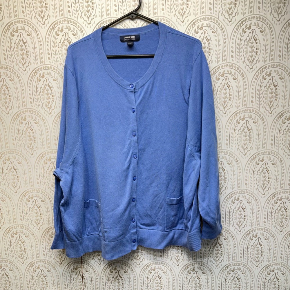 Lands' End Cardigan Sweater Women 5X Blue‎ Cotton Modal Knit Button Front Pocket